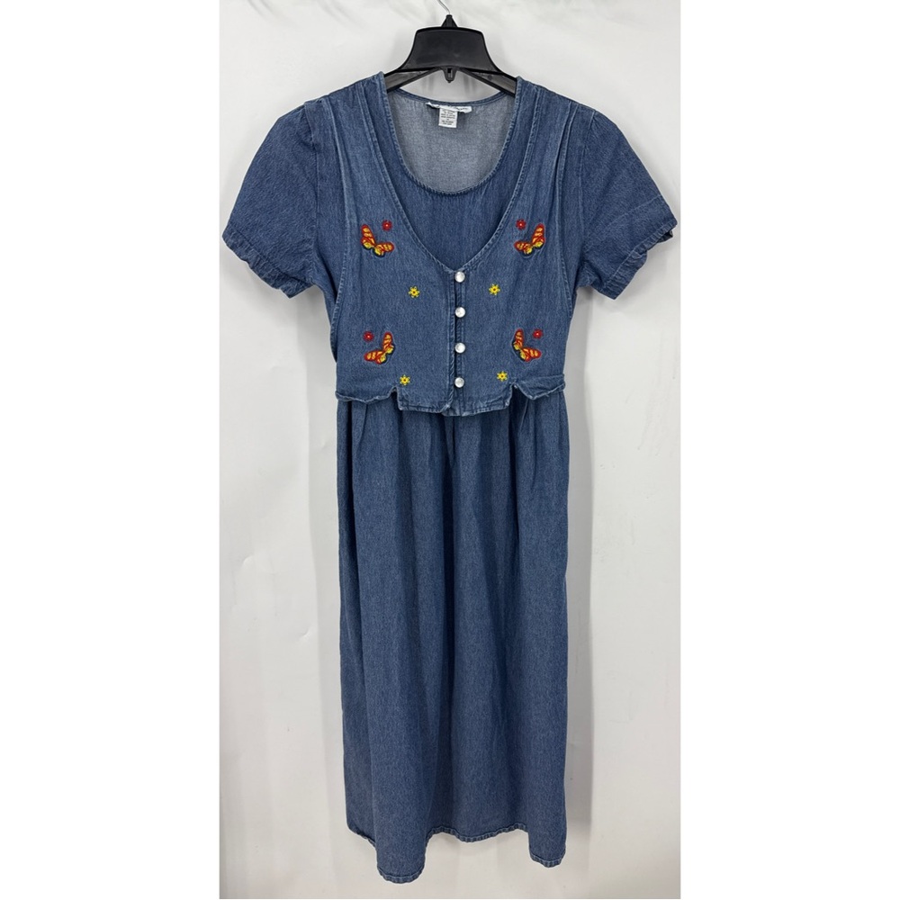 Sophia Rose vintage attached vest w/waist tie, floral Embroidered Denim Dress 14